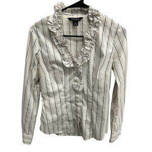 White House Black Market Striped Ruffle V Neck Blouse Top Long Sleeves Size 2